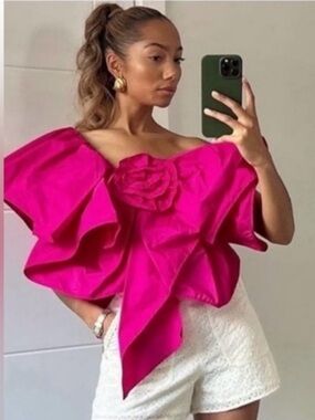 Zara Hot Pink Statement Off-Shoulder Ruffle Top